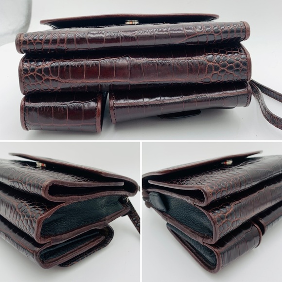 BRIGHTON✨Vintage Chestnut Croc Embossed Leather Organizer Crossbody - Picture 7 of 14